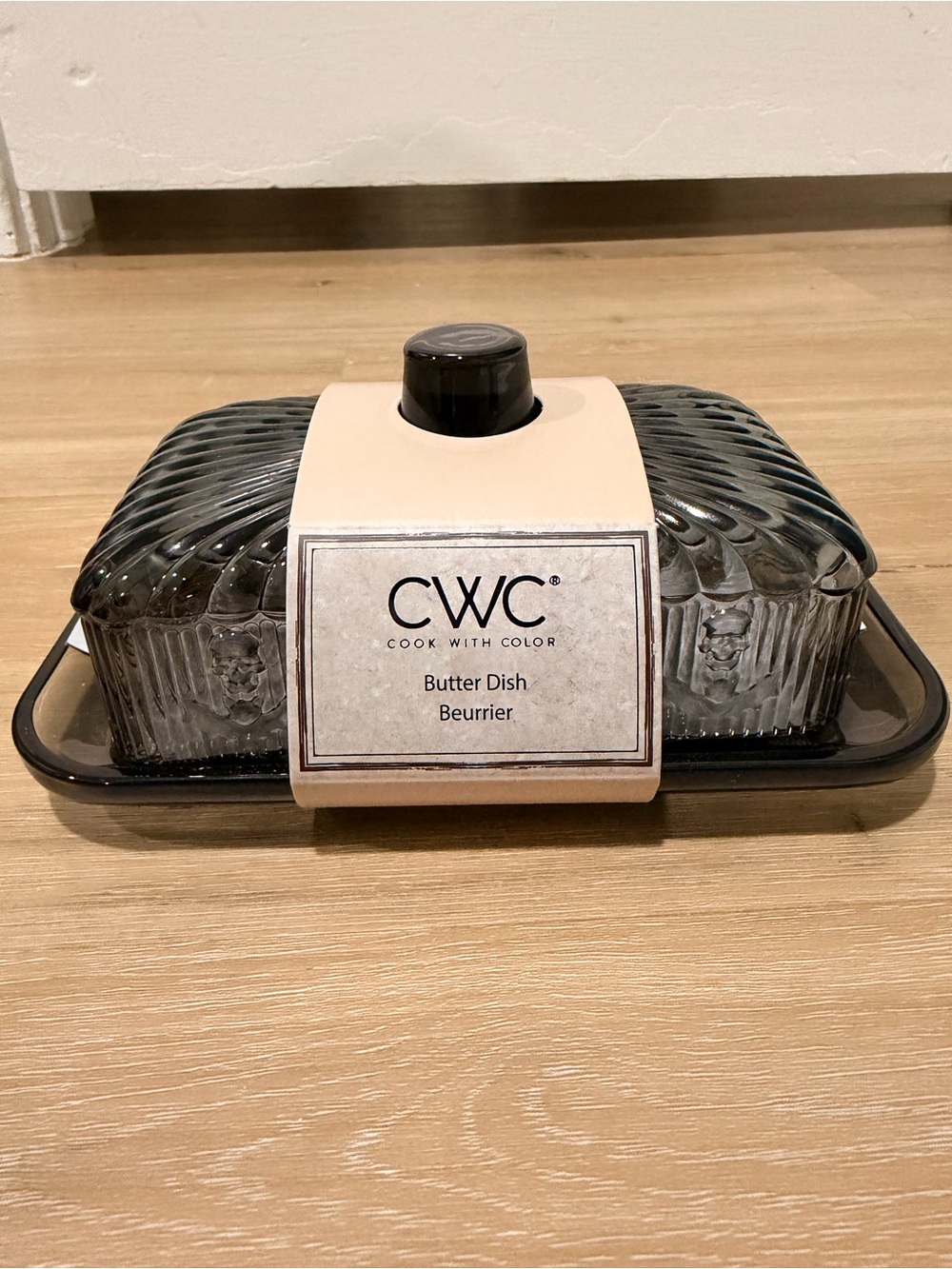 CWC Halloween skulls and bats clear black Glass Butter Dish